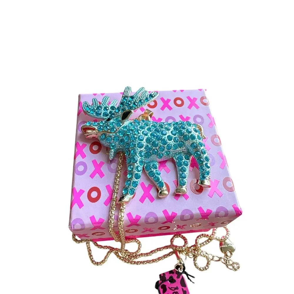 Women's Betsey Johnson Moose Necklace Blue & Gold Rhinestone Giftable NIB
